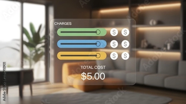 Fototapeta Futuristic transparent digital display with customizable charge sliders, a financial services, expense management, and cost breakdown on a modern tech interface.