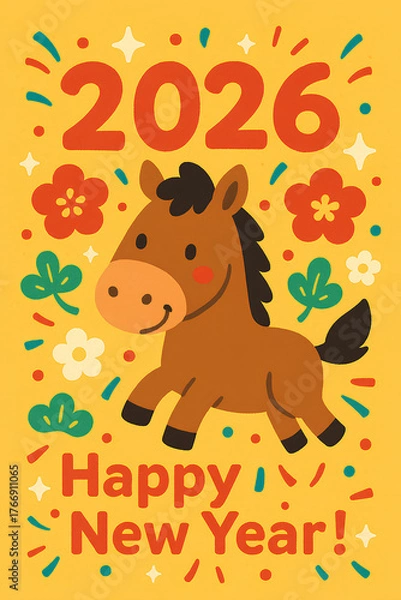 Obraz 花と黄色い背景のかわいい馬の顔アップ年賀状 2026