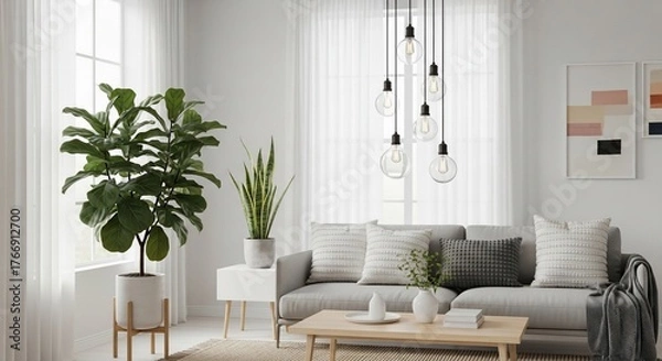 Fototapeta Modern living room showcasing minimalist decor with a gray sofa, potted plants, and hanging light fixtures, creating a serene and stylish atmosphere.