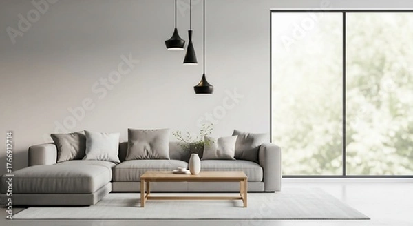 Fototapeta Modern living room showcasing a gray sectional sofa and wooden coffee table in a minimalist interior with large window overlooking nature, creating a serene atmosphere.