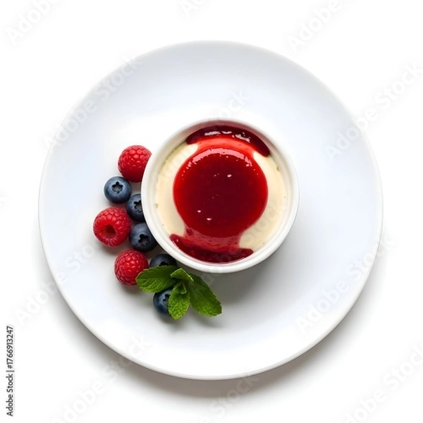 Obraz Creamy Panna Cotta with Berry Sauce and Fresh Mint on White Plate
