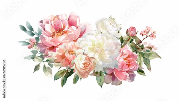 Obraz Watercolor floral arrangement with pink, white, and peach peonies and greenery