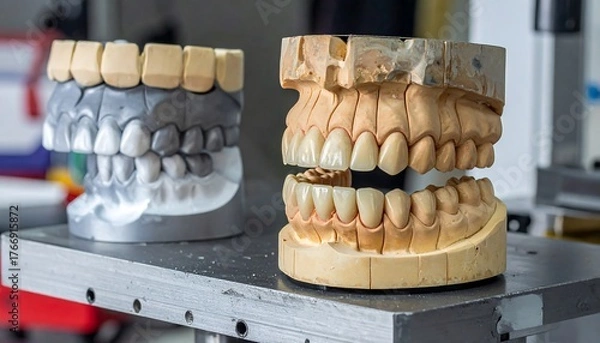 Obraz Close-up of two dental models, one gray and one beige, with teeth