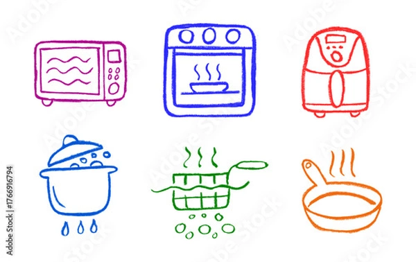 Fototapeta Cooking Instruction Icons Oven Microwave Frying Boiling Crayon Chalk Drawing Doodle Vector Set