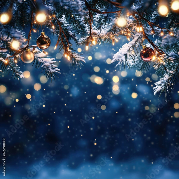 Fototapeta Snowy Christmas tree branches decorated with ornaments and glowing lights