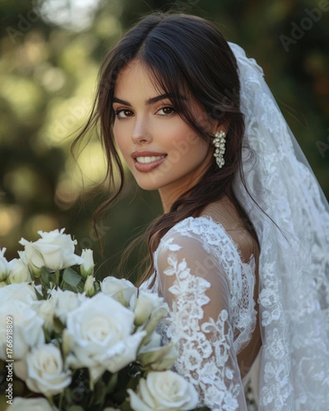Fototapeta Bride with bouquet of white roses in garden setting during daylight