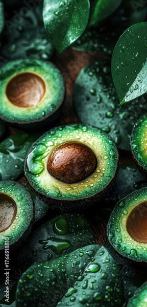 Fototapeta Freshly sliced avocados with droplets on wooden surface, showcasing vibrant green color
