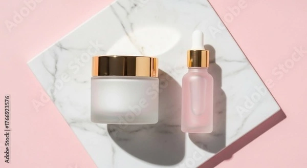 Fototapeta Elegant skincare products sit on marble surface against soft pink backdrop, showcasing luxury and beauty with clean, minimalist aesthetic.