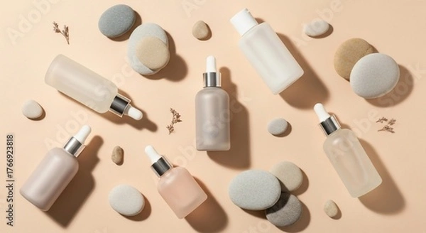 Fototapeta Cosmetic bottles and stones arranged on beige surface, showcasing natural skincare products with minimalist aesthetic, promoting wellness and selfcare.