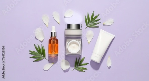 Fototapeta Cosmetic products arranged with flower petals and green leaves on a light purple surface creating a calming and luxurious beauty scene.