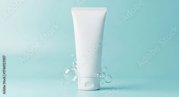 Fototapeta White cosmetic tube displays product information with water droplets on a light blue surface, promoting cleanliness and skincare freshness.