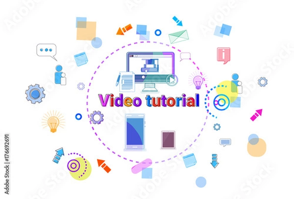 Fototapeta Video Tutorial Learn Online Banner Internet Education Elearning Concept Vector Illustration