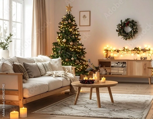 Fototapeta クリスマスツリーのある美しい部屋、北欧風のインテリア