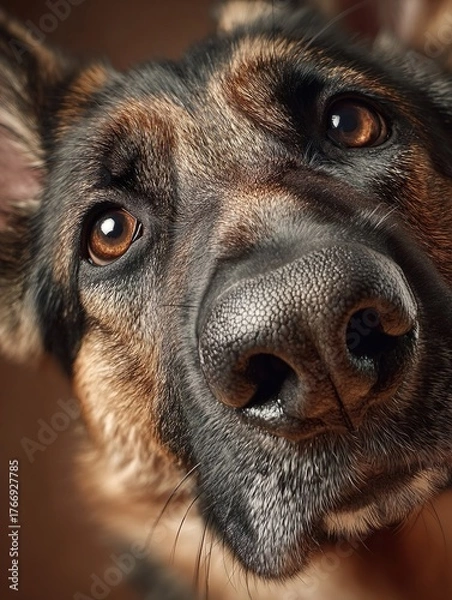 Fototapeta Close-up portrait of a curious brown and black terrier dog looking into the camera with a cloudy sky background, showing expressive eyes and wet nose detail