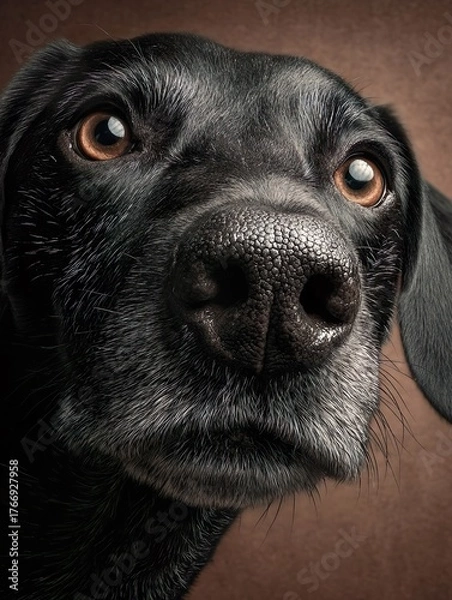 Fototapeta Close-up portrait of a black dog with expressive brown eyes and detailed nose, looking curiously at the camera against a brown studio background