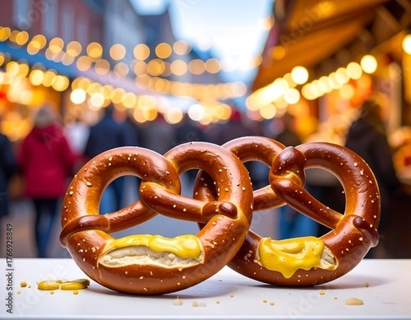 Obraz Close-up of two fresh pretzels with mustard at a festive outdoor market