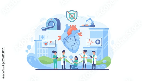 Fototapeta Innovative medical technology and hospital care, featuring a detailed human heart illustration surrounded by advanced diagnostic equipment like MRI scanners, robotic surgery arms, and digital health