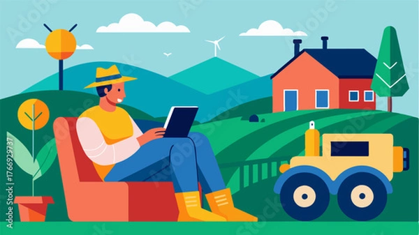 Fototapeta A farmer relaxing in his farmhouse while monitoring the progress of his selfdriving tractor in the fields which is equipped with AI technology to make decisions on optimal seed. Vector illustration