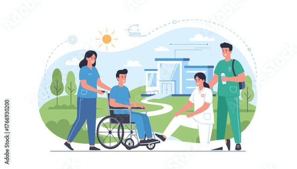 Fototapeta Vibrant vector illustration depicting compassionate healthcare professionals assisting a smiling disabled person in a wheelchair outside a modern medical facility, symbolizing care and recovery in a