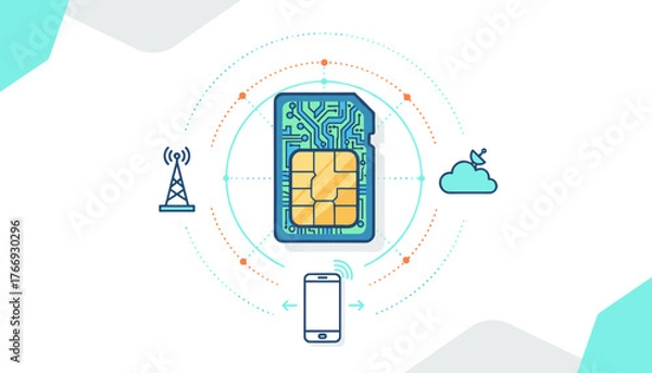 Fototapeta Vibrant vector illustration showcasing a mobile SIM card with a detailed microcircuit design, symbolizing connectivity and technology, surrounded by icons representing a cell tower, a smartphone, and