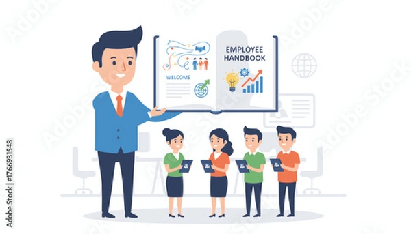 Fototapeta A friendly male instructor presents an open employee handbook to a diverse group of new staff members, illustrating onboarding and corporate training concepts with icons for welcome, teamwork, and