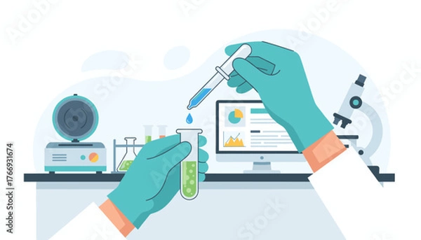 Fototapeta Close-up illustration of a clinician's hands wearing teal gloves, carefully holding a test tube filled with green liquid and a dropper dispensing blue liquid, symbolizing scientific research and