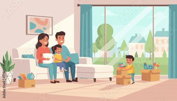 Fototapeta Joyful Hispanic family, parents and two children, relaxing on a sofa in their new home, surrounded by moving boxes, symbolizing a fresh start and happy domestic life with a bright window view of