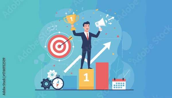 Fototapeta Successful businessman celebrating victory with a trophy and megaphone, standing on a podium, symbolizing achievement and business goal success, with a target, gears, calendar, and upward trending