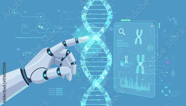 Fototapeta Futuristic AI robot hand interacting with a glowing digital DNA helix and chromosome data on a futuristic interface, representing advancements in biotechnology, genetic research, and artificial