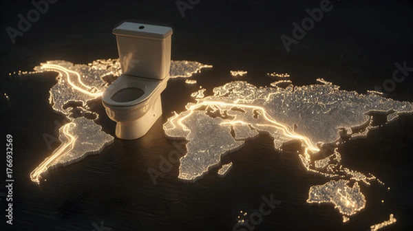 Obraz Glowing world map with toilet symbolizing global sanitation awareness and clean water access for World Toilet Day
