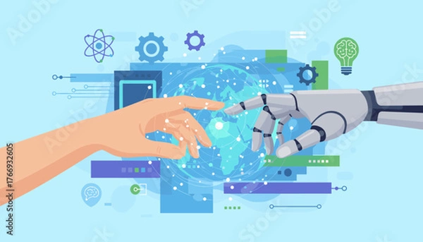 Fototapeta Futuristic concept of artificial intelligence and human collaboration, with a robot hand and a human hand reaching out to touch each other over a glowing digital globe, symbolizing the integration of
