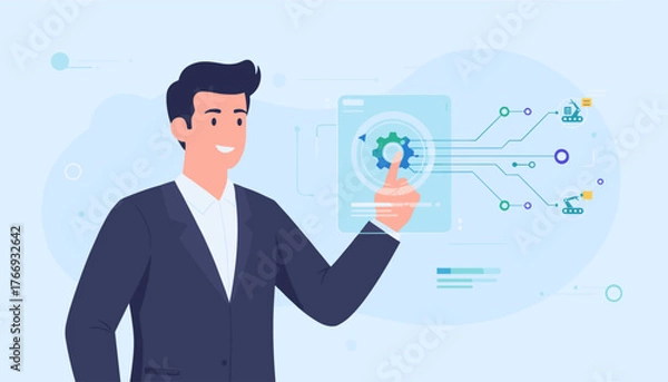 Fototapeta Modern businessman interacting with a futuristic holographic interface displaying gears and robotic arms, symbolizing automation, technology, and efficient business management in a digital era.