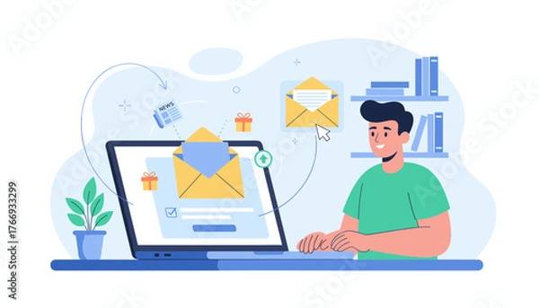 Fototapeta Flat illustration of a man using a laptop for email marketing, subscribing to a newsletter, receiving notifications, and engaging with digital communication, symbolizing online business and