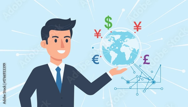 Fototapeta Smiling businessman in a suit presenting a glowing globe with international currency symbols like dollar, euro, yen, and pound, representing global finance, exchange rates, and economic connections
