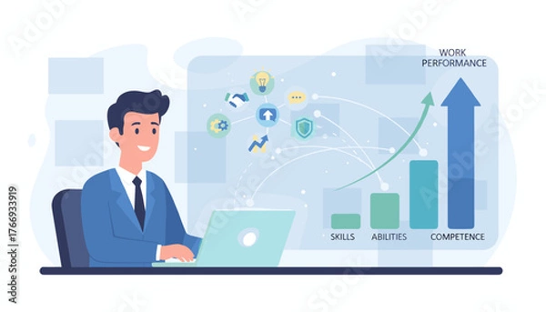 Fototapeta Modern flat illustration of a businessman working on a laptop, analyzing work performance with skills, abilities, and competence visualized through growth charts and icons, symbolizing career