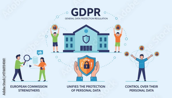 Fototapeta GDPR concept illustration: General Data Protection Regulation infographic showing people interacting with data security, European Commission strengthening data protection, and individual control over