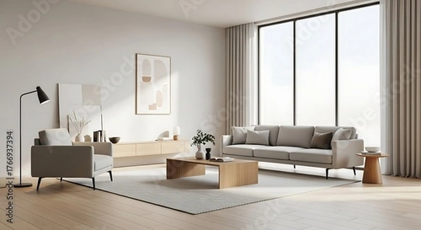 Obraz Spacious modern living room with minimalist decor, comfortable furniture, and abundant natural light streaming in
