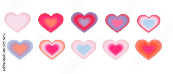 Obraz y2k gradient hearts vector collection. Blurred shapes in trendy cherry, red, blue and pink colors. Aura hearts for creative design. Modern vector illustration.