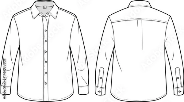 Fototapeta Long sleeve button down shirt flat sketch, front and back technical fashion CAD, classic collar woven top, placket cuff, sewing construction vector