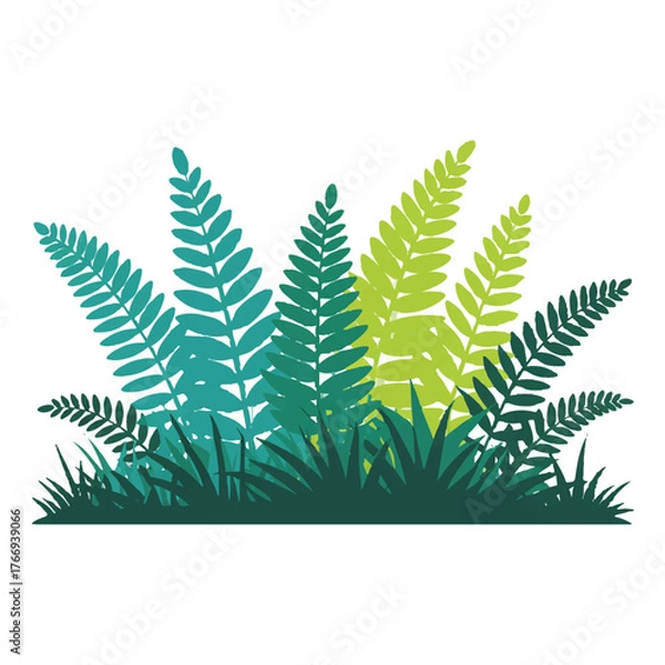 Obraz Green and blue fern leaves and grass, isolated on white background