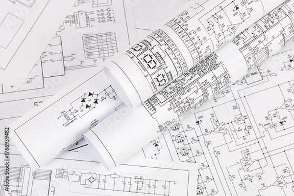 Obraz Electronics and Engineering. Printed drawings of electrical circ
