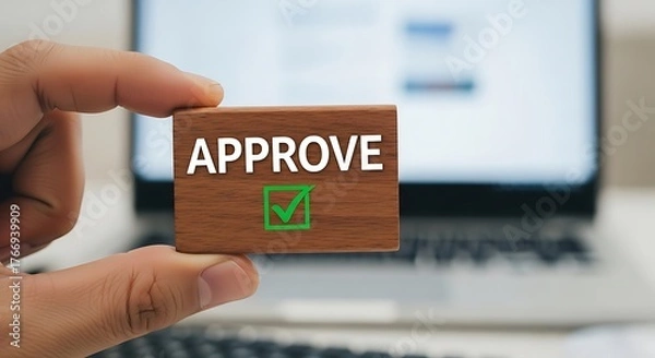 Obraz Hand holding wooden block with approve text and green checkmark image