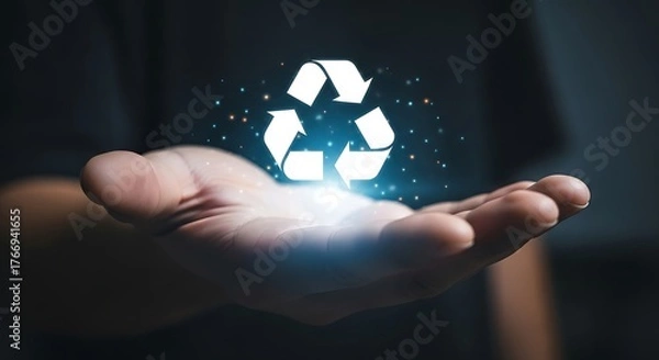 Obraz White recycling symbol glowing above open palm with sparkling particles hand