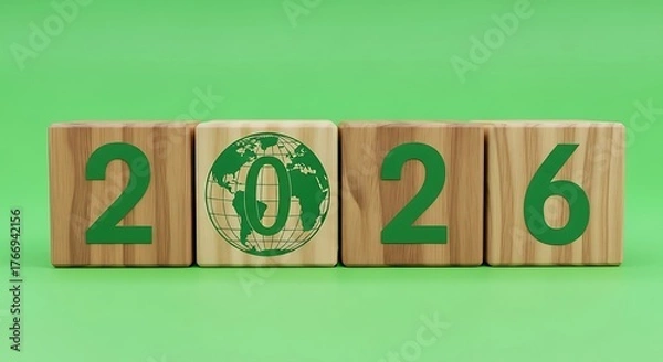 Obraz Wooden blocks with green numbers and globe wood blocks year