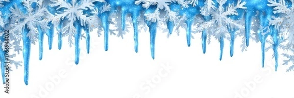 Obraz Icicles and snowflakes border isolated on white background for winter design