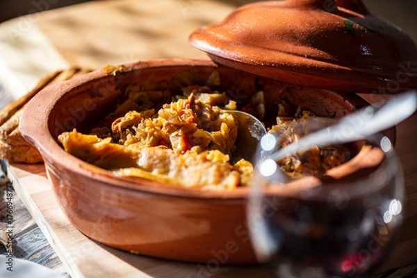 Fototapeta A bowl of cooked cabbage served in a rustic brown dish, showcasing its soft texture and warm, comforting appearance. The natural colors and simple presentation make this image suitable for traditional