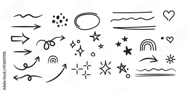 Obraz Line cute element set. Hand-drawn sketch doodle style arrow, cloud, star with marker stroke pencil highlight. Doodle sketch heart, star, cloud cartoon sticker shapes