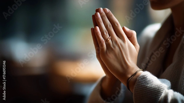 Fototapeta Hands in prayer or meditation position face not visible spiritual practice mindfulness meditation yoga mudra inner peace meditative pose spiritual gesture zen practice pea