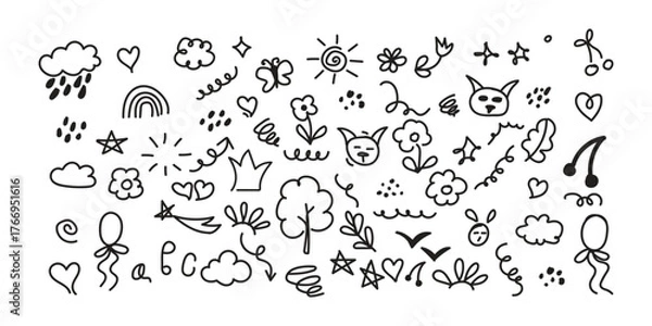 Obraz Line cute element set. Hand-drawn sketch doodle style arrow, cloud, star with marker stroke pencil highlight. Doodle sketch heart, star, cloud cartoon sticker shapes