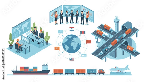 Fototapeta Global Transportation and Logistics Network Distribution: Isometric illustration depicting a comprehensive supply chain with ships, trains, trucks on highways, airplanes, and a control center with